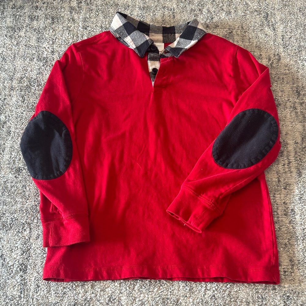 Hanna Andersson Red Polo with Checkered Collar and Blue Patches